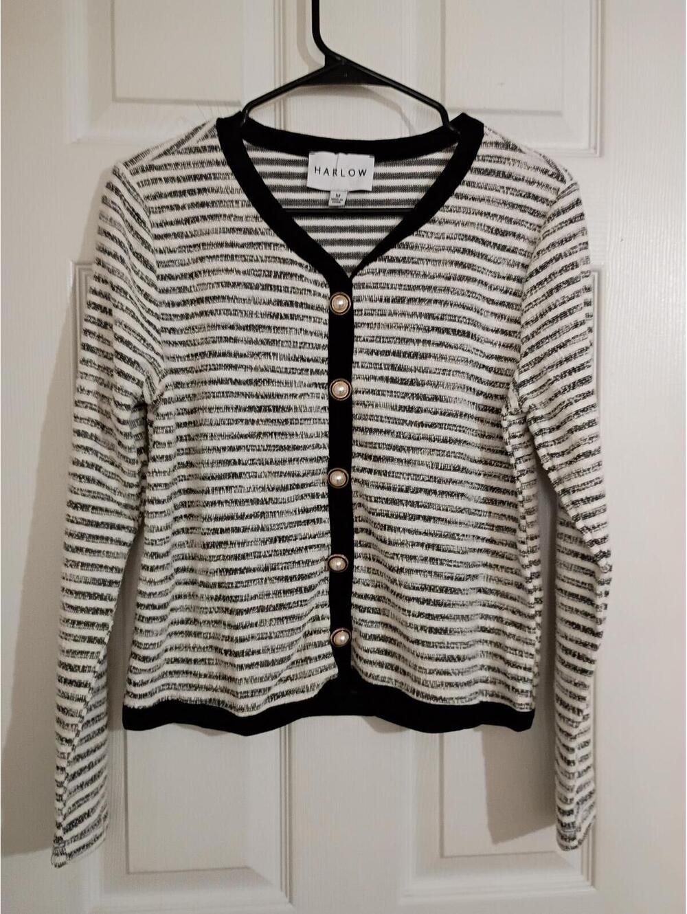 Harlow Medium Black and White Striped Cardigan with Pearl Buttons